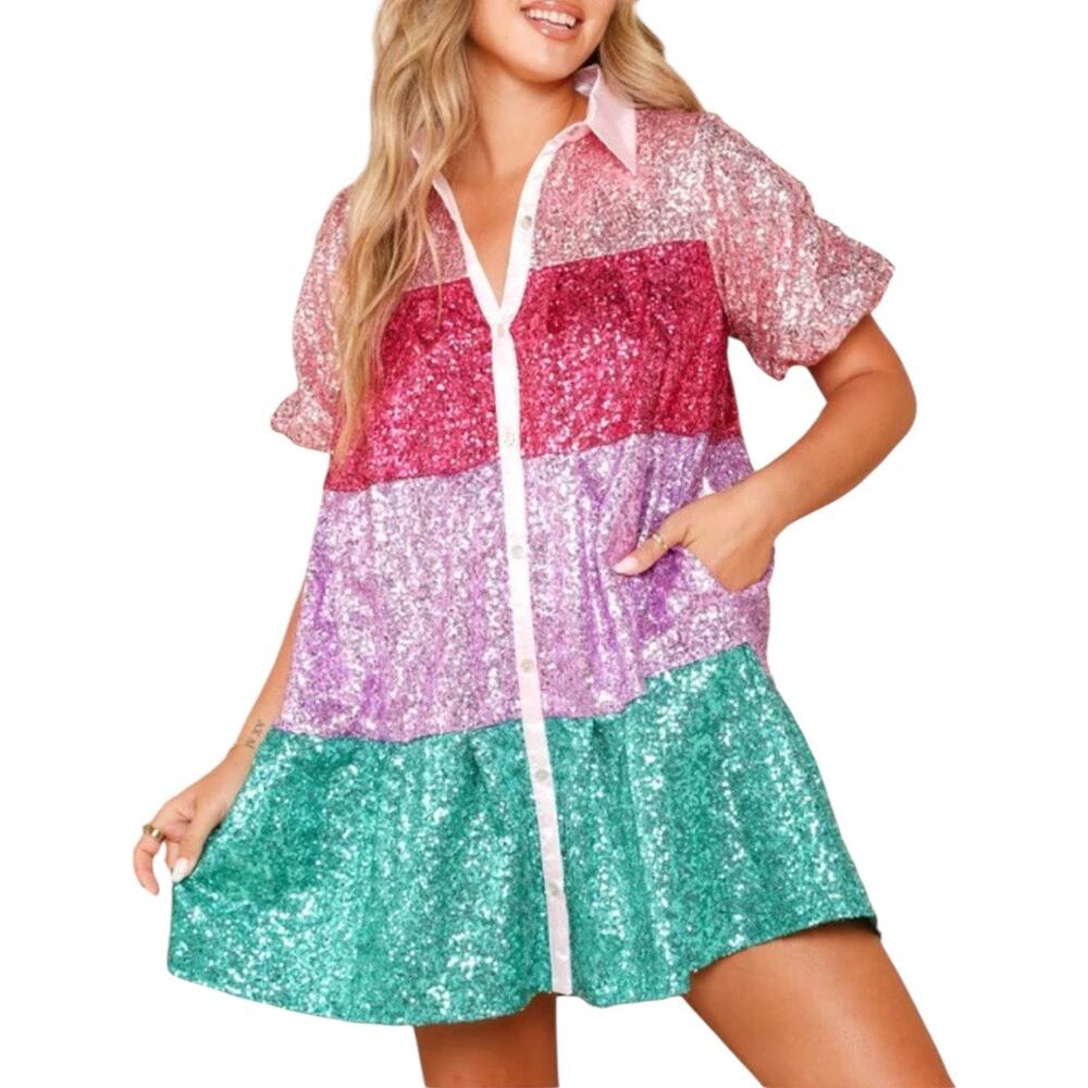 Peach Love Womens Sequin Stripe Tiered Mini Babydoll Holiday Party Dress Sz S